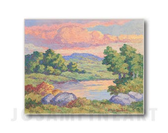 May include: An impressionistic landscape painting depicting a tranquil river scene beneath a vibrant sky. The artwork features verdant trees, rolling hills, and large rocks along the riverbank. The painting is signed in the lower right corner.