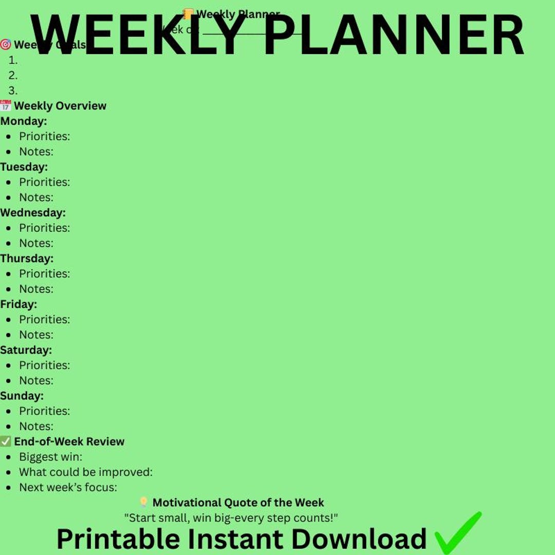 Printable Weekly Planner for Busy Professionals-instant Download PDF ...
