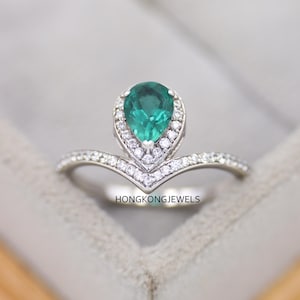 Pear Drop Green Sapphire Halo Ring, Diamond Accented Eternity Ring, Unique Engagement Ring, Dainty Promise Ring, Anniversary Gift For Women