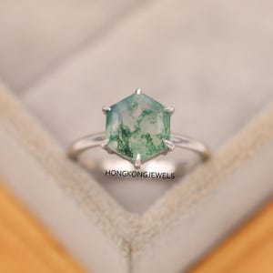Minimalist Moss Agate Hexagon Cut Solitaire Ring, Dainty Promise Ring, Nature Inspired Wedding & Engagement Ring, Anniversary Gift For Her
