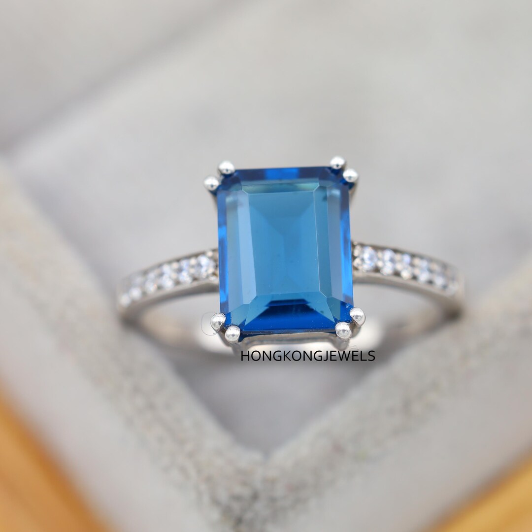 Sterling Silver Emerald Cut London Blue Topaz Ring | Cubic Zircon ...