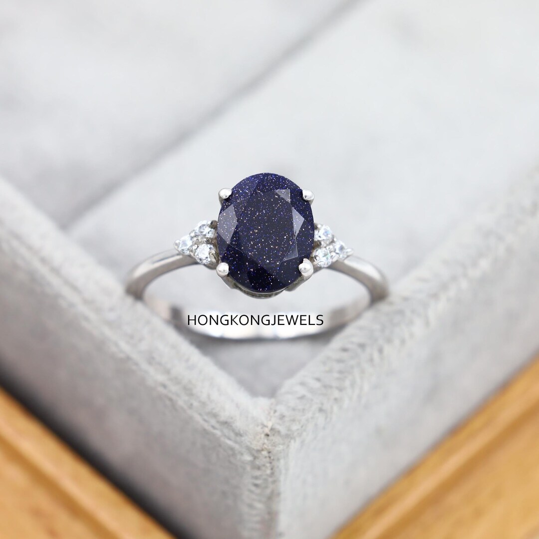 Oval Blue Sandstone Ring, Sterling Silver, CZ Accents - Etsy