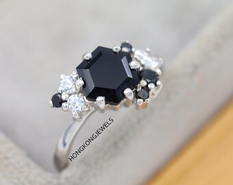 Black Onyx Hexagon Ring, Diamond Cluster, Art Deco Anniversary Gift