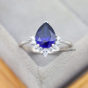 Dainty Blue Sapphire Ring, Wedding & Engagement Ring, Cluster Ring, Proposal Ring, Stacking Ring, Pear Cut Ring, Anniversary Gift for Women
