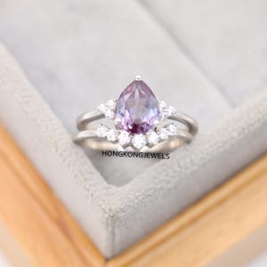 Unique Halo Alexandrite Engagement Ring Set Color Changing Ring, Cluster Wedding Band Pear Cut Alexandrite Wedding Ring Set Bridal Ring Set