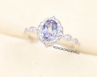 Anillo de alejandrita ovalada en plata de ley, piedra que cambia de color, joyería nupcial