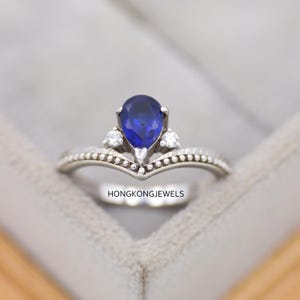 Pear Cut Blue Sapphire Engagement Ring, Minimalist Dainty Ring, 14K Gold & Silver Statement Ring, Promise Ring, Anniversary Gift for Her