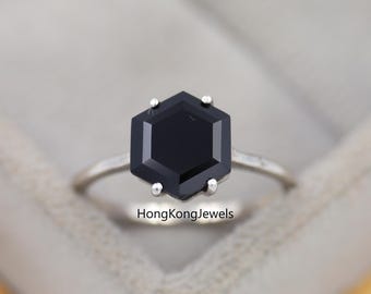 Hexagon Black Onyx Ring: 14k White Gold Solitaire