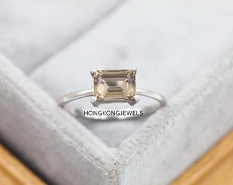 14k Gold Smoky Quartz Ring, Emerald Cut Gray Gemstone