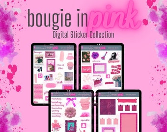 May include: A digital sticker collection with a pink and white color scheme. The stickers feature various designs, including a pink flower, a pink bow, a pink frame, a pink scooter, a pink ballerina, and the text "bougie in pink".