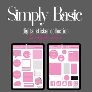 May include: A digital sticker collection for planners with pink and gray accents. The stickers include a top 3 list, a bill due reminder, a coffee cup, social media icons, and a blank space for notes. The text "Simply Basic" appears on the stickers.
