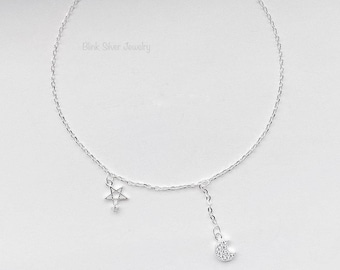 Tobillera de Plata Celestial ・Tobillera de Encanto de Luna y Estrella ・Delicada Tobillera de Plata Celestial