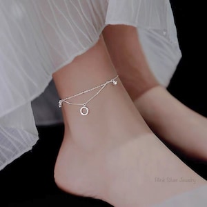 Dangling Circle Silver Anklet ・925 Sterling Silver Anklet ・Double Chain Delicate Anklet