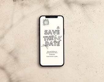 May include: A smartphone screen displaying a save the date announcement for a wedding. The announcement features a black and white illustration of a couple dancing, a disco ball, and the Eiffel Tower. The text reads "Save the Date, Terry and Nathan are getting married in Paris, 17.08.202x, Formal invitation to follow."