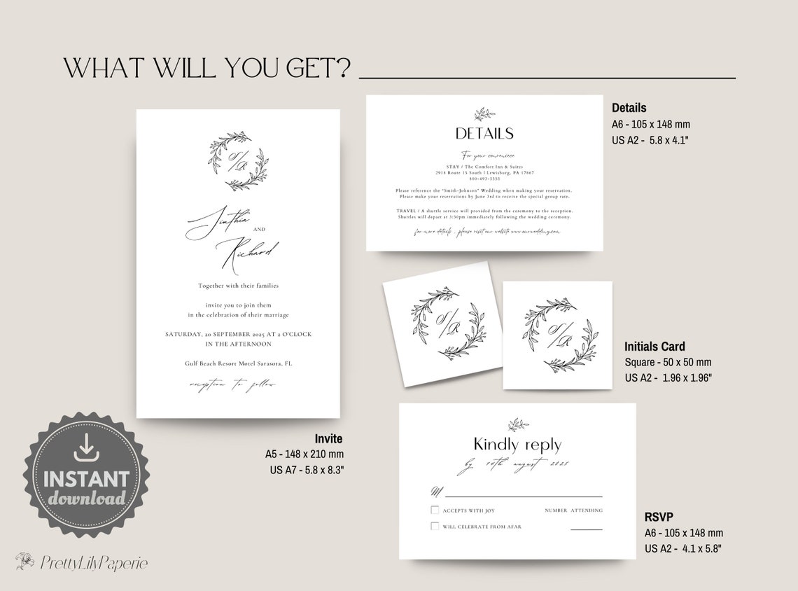 Modern Monogram Wedding Invitation Template Printable Etsy