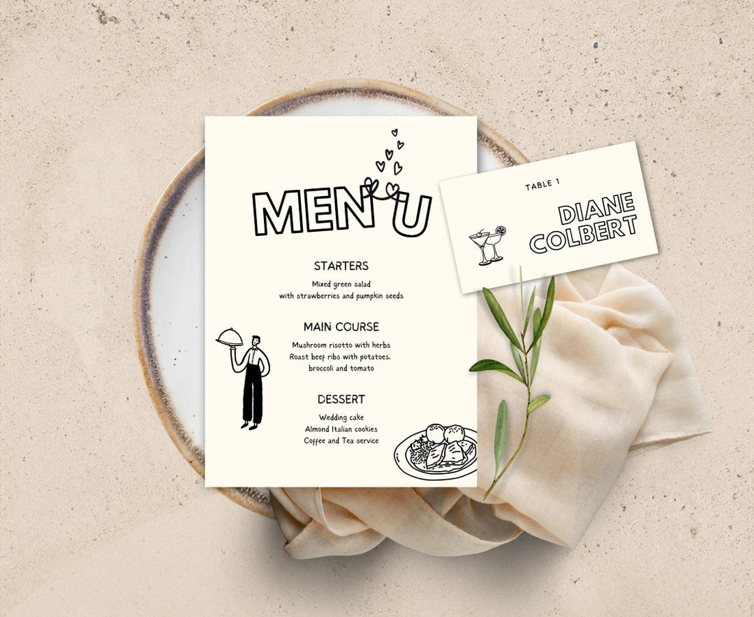 Menu and Place Card Hand Drawn Template Illustrated Dinner Menu ...