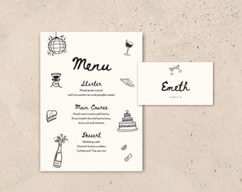 Hand-Drawn Menu & Place Card Template: Quirky Doodle Design (Digital Download)