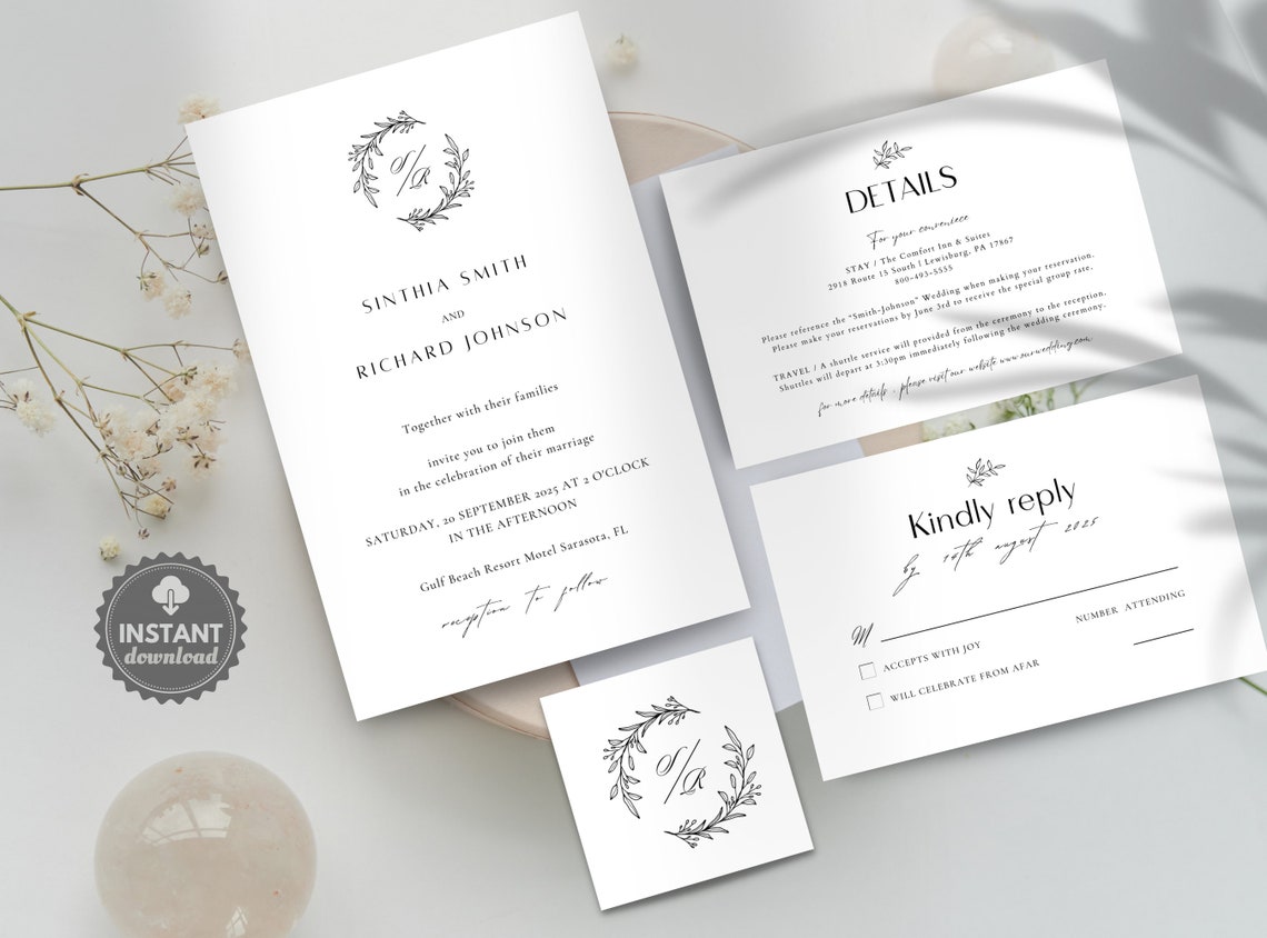 Minimal Monogram Wedding Invitation Template Printable Etsy