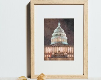Printable Watercolor Wall Art // City Series: Washington, DC // U.S. Capitol at Night // Instant Digital Download