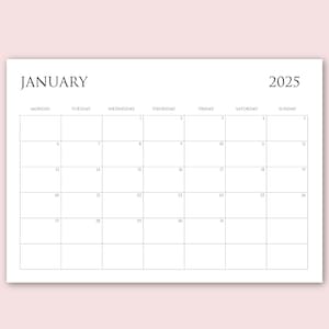 Calendario imprimible 2025 / Planificador mensual 2025 / A3, A4, A5, A6, Carta / Horizontal / Inicio en domingo y lunes / Planificador mensual con fecha / Minimalista