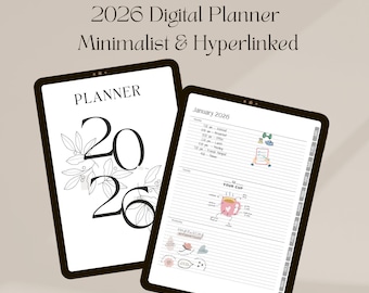 Cyfrowy planer na rok 2026 | Minimalistyczny plik PDF z hiperłączami, tygodniowy, miesięczny (A4)