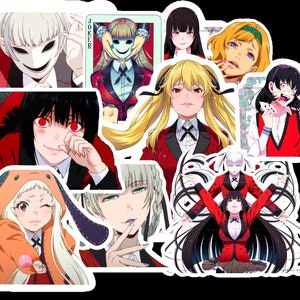 May include: A set of colorful anime character stickers featuring characters with red, black, and white hair. The stickers are in various poses and expressions, including smiling, winking, and holding cards. The stickers are perfect for decorating laptops, water bottles, and other personal items.