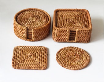 Set 6 Pcs Rattan Square Coasters - Handmade Natural Rattan Coasters - Handcrafted Woven Square Rattan Coasters