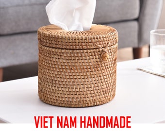 Rattan Round Tissue Box Cover -  Wicker Tissue Box Storage Basket - Handmade Cylinder Facial Tissue Box Holder - Round Rattan Paper Cover