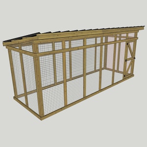 May include: A wooden dog kennel with a metal roof and a wire mesh enclosure. The kennel has a door on the side and a small window on the back.