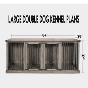 May include: A large double dog kennel with a gray wood finish and black metal bars. The kennel is 84 inches wide, 29 inches deep, and 32 inches tall.  LARGE DOUBLE DOG KENNEL PLANS is written in black text at the top of the image.