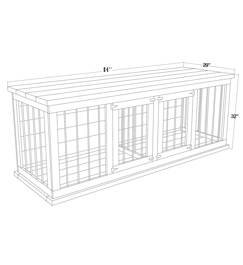 May include: A wooden dog crate with two separate compartments, measuring 84 inches long, 29 inches wide, and 32 inches high.
