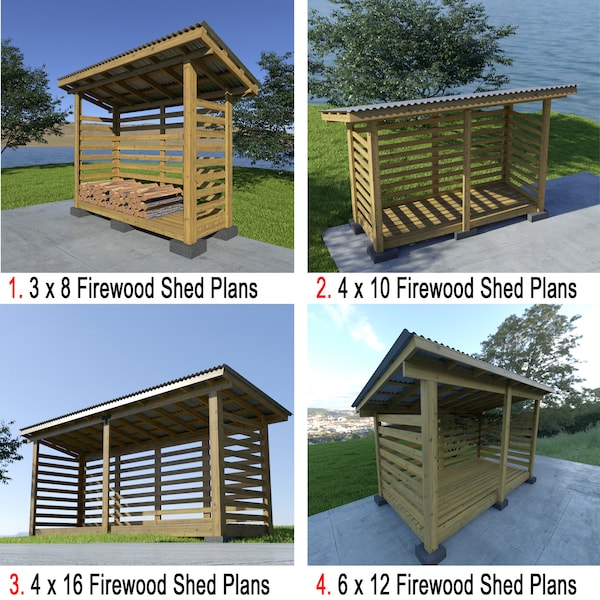 Bundle 4 firewood shed plans - Build Firewood Storage Garden - DIY Firewood Rack Outdoor - 3x8, 4x10, 4x16, 6x12 Firewood Shed Plans