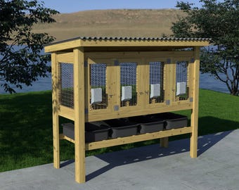 May include: A wooden rabbit hutch with four individual cages, a roof, and a bottom shelf with four black trays. The hutch is made of natural wood and has a rustic look.
