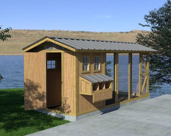 Könnte beinhalten: Ein Hühnerstall aus Holz mit einem Metalldach und einem eingezäunten Auslauf. Der Stall hat eine Tür und ein Fenster, und der Auslauf hat einen Nistkasten.