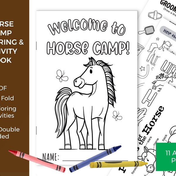 Horse Camp • Pony Camp Coloring Activity Book  | PDF Digital Download • 11 Activities • 1/2 Fold Booklet | Horse Coloring Pages