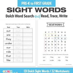 May include: A printable worksheet for preschool and kindergarten students to practice reading, tracing, and writing sight words. The worksheet includes a word search puzzle and a section for reading, tracing, and writing the words: out, are, they, under, our, ride, that, and like.
