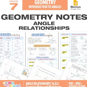 Może przedstawiać: Zestaw notatek i arkuszy ćwiczeń z geometrii dla uczniów klasy 7. Arkusze ćwiczeń obejmują relacje kątowe, w tym słownictwo, rodzaje kątów i przykłady. Tytuł zawiera tekst "Geometry Notes Angle Relationships".