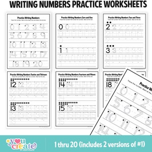 May include: Black and white printable worksheets for practicing writing numbers 0 through 20. Each worksheet has a title, such as "Practice Writing Numbers Zero and One" and includes dotted lines for tracing the numbers.