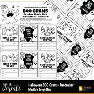 May include: Black and white printable Halloween BOO-grams with a ghost and spider design. The text reads "BOO! Here's a treat for you!" and "Being your friend is a treat!"  The printable also includes space for the recipient's name, grade, teacher, message, and from.