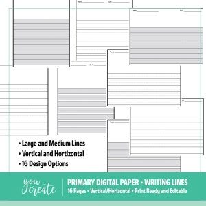 Papel digital rayado para escritura primaria / Horizontal • Vertical / 16 archivos listos para imprimir y editables