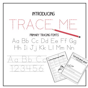May include: A black and white worksheet with dotted lines for tracing the alphabet and numbers. The worksheet is titled "TRACE ME" and includes the phrase "PRIMARY TRACING FONTS". There are two additional worksheets with space for writing and drawing. One worksheet is titled "Practice writing your upper case letters" and the other is titled "I can write about space!"