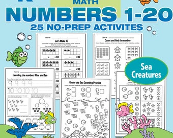Numbers 1 to 20 No Prep Writing, Counting and Math Activities SEA CREATURES