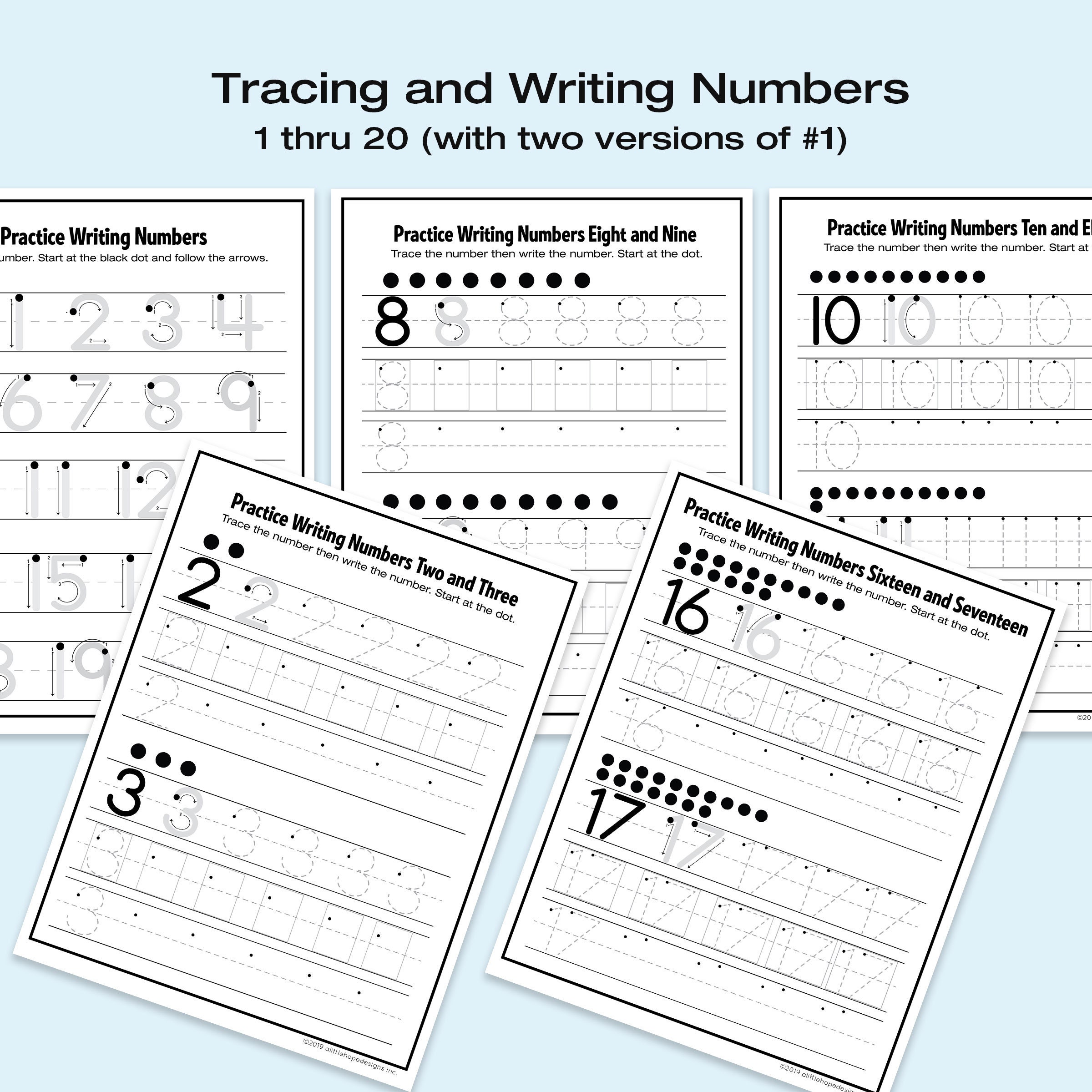 Write and trace: numbers 1-20 practice.