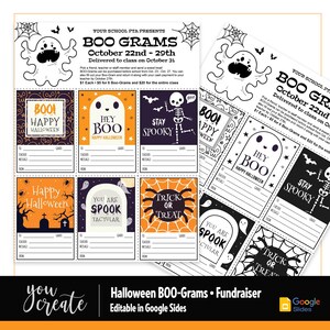 May include: Printable Halloween BOO-Grams fundraiser template for school events.  The template features a variety of spooky and cute Halloween themed designs with space to write "To", "Teacher", "Message", "From", "Grade", and "Card".  The text "BOO GRAMS" is at the top of the page.  The text "October 22nd - 29th" is below the text "BOO GRAMS".  The text "Delivered to class on October 31" is below the text "October 22nd - 29th".  The text "$1 Each - $5 for 6 Boo-Grams and $20 for the entire class" is at the bottom of the page.