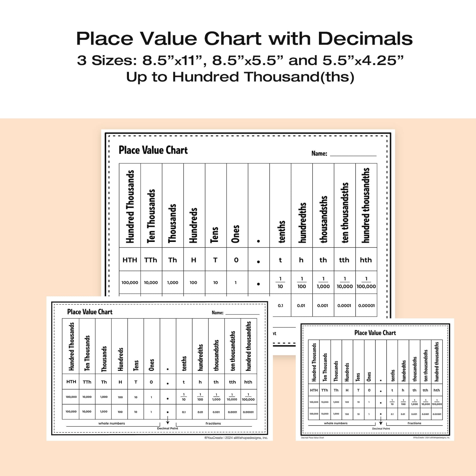 Place Value Chart With Decimals • Decimal Place Value Chart • 3 Sizes ...