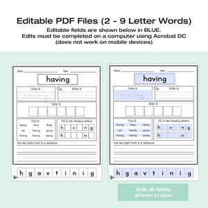 May include: Two printable worksheets with the word "having" in blue. The worksheets are designed for educational purposes, featuring tracing, writing, and fill-in-the-blank exercises. The text "Editable PDF Files" is at the top.