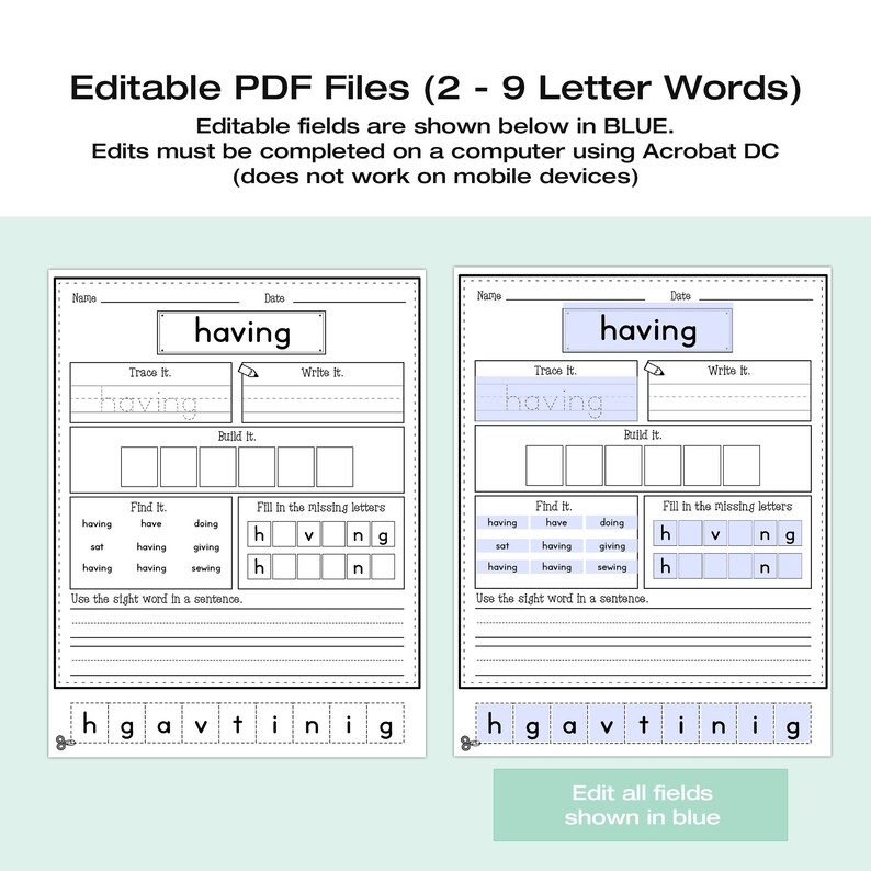 May include: Two printable worksheets with the word "having" in blue. The worksheets are designed for educational purposes, featuring tracing, writing, and fill-in-the-blank exercises. The text "Editable PDF Files" is at the top.