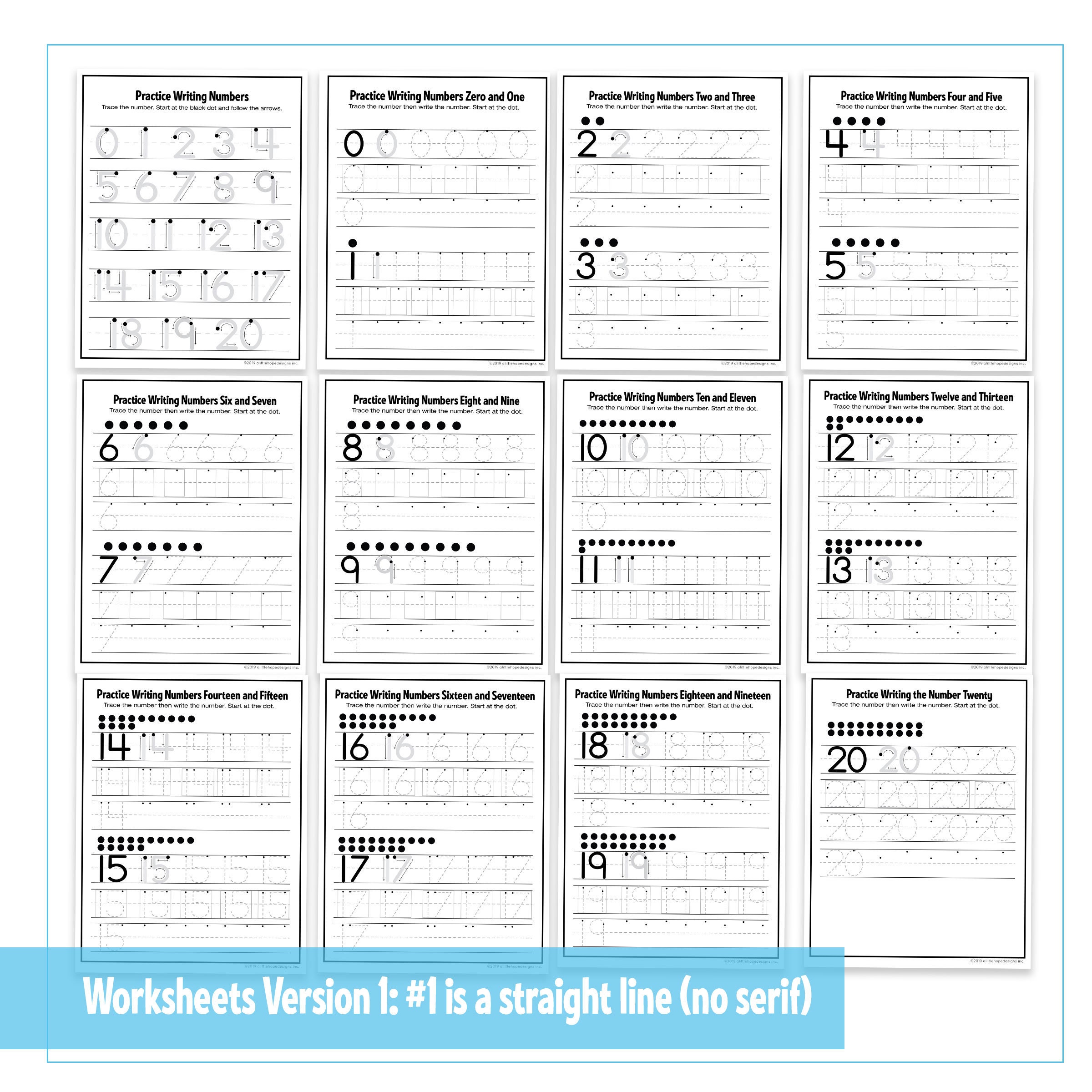 Tracing numbers 1-20: formation practice.