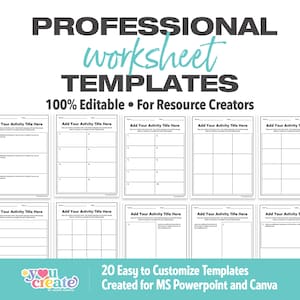 May include: A digital collection of professional worksheet templates featuring the text PROFESSIONAL worksheet TEMPLATES 100% Editable For Resource Creators. The display shows various grid layouts with placeholders for activity titles and instructions.