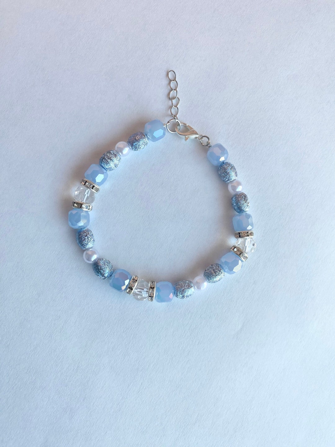 Bracelet Perles De Verre Bleu Fait Main - Argenté, Doré, Strass - Bijou Fantaisie Femme